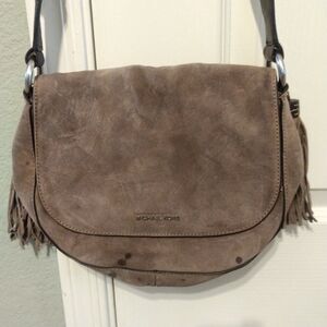 Michael Kors Elyse Suede Leather Saddle Brown Dune Crossbody Bag Purse Handbag